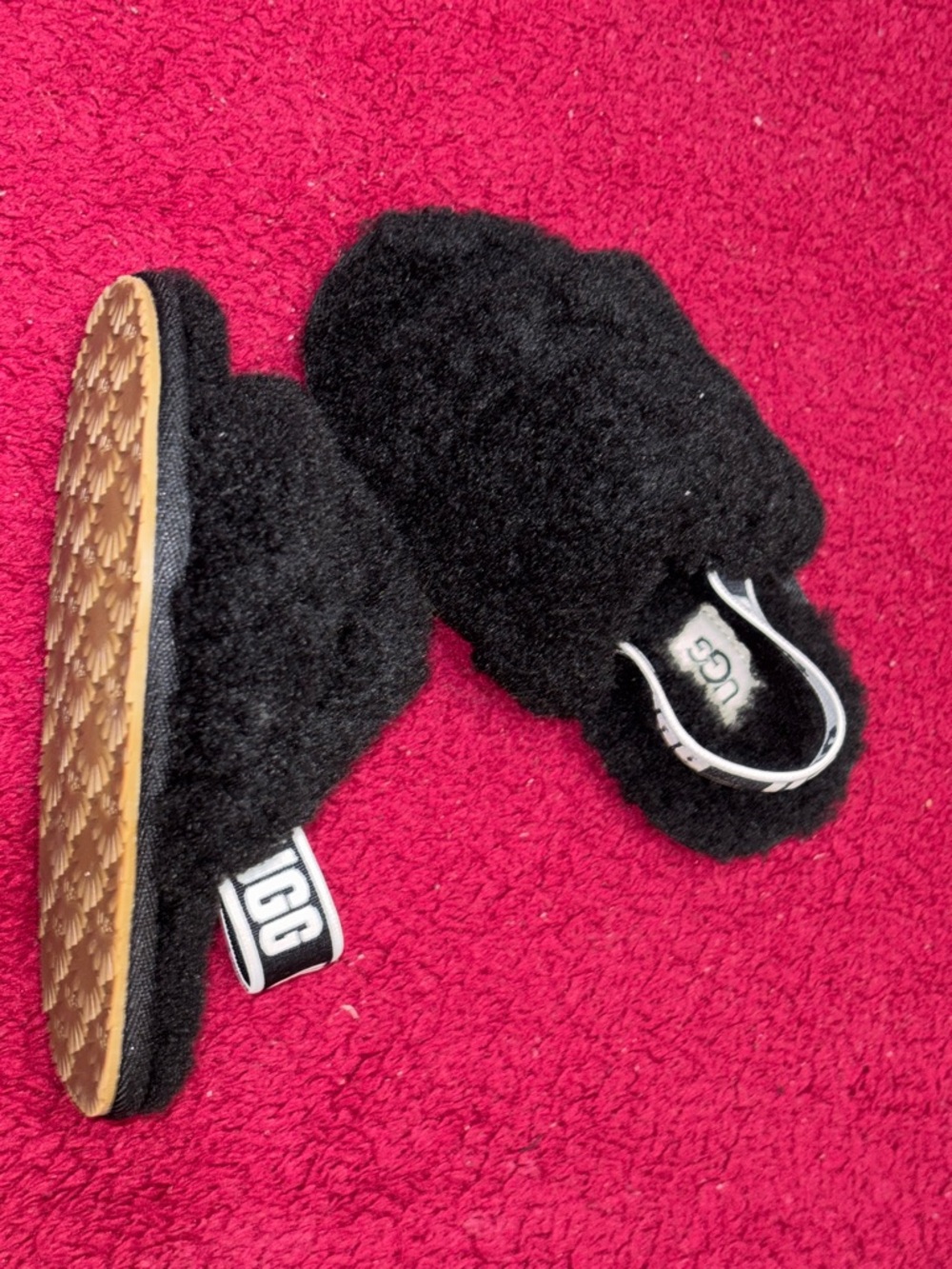 UGG Black Fuzzy Slide Sandals with Logo Heel Strap